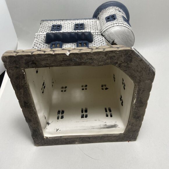 Vintage Ceramic Christmas Building Figure Blue and Gray Bank 8 inch Unlit Chips - Picture 6 of 7